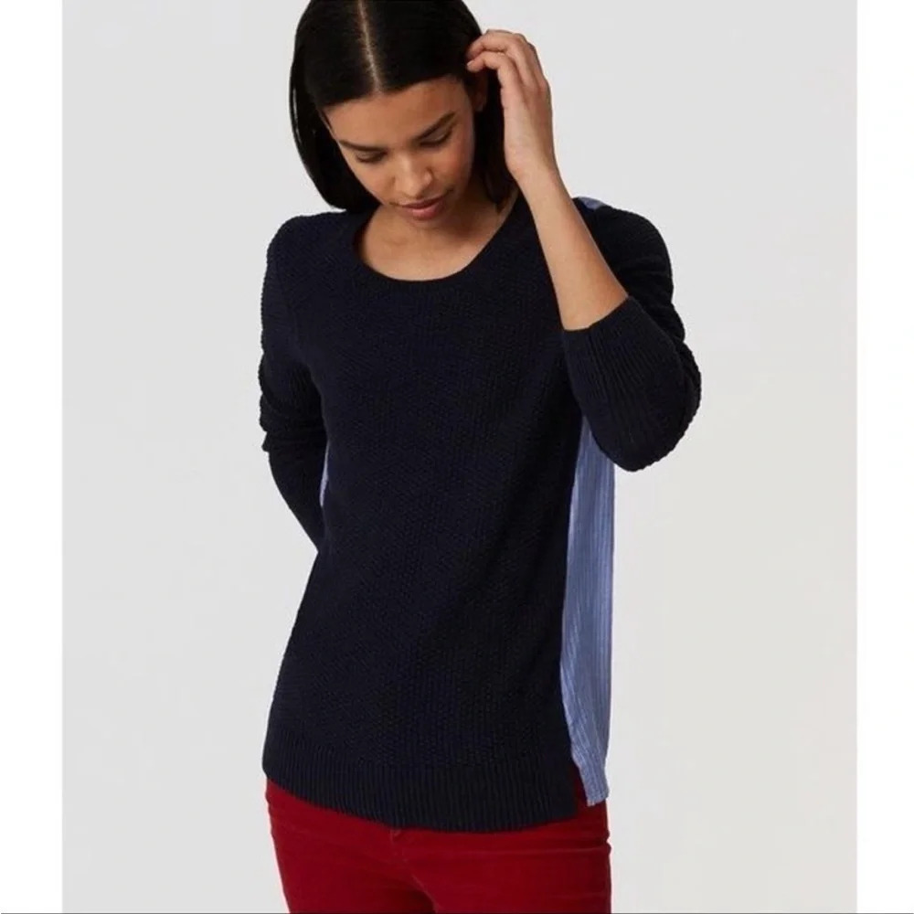 Loft Navy Blue And Striped Mixed Media Cotton Sweater, Women’s Size Extra Small